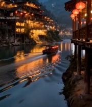  凤凰古城河流夜景与游船5375#竖屏 	 