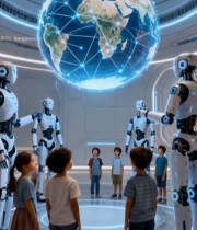  儿童与机器人环绕地球模型场景5285#竖屏 	 