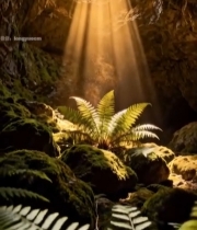  洞穴内阳光照射蕨类植物景象2237#竖屏 	 
