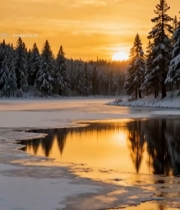  冬日雪林夕阳下的湖面风景308#竖屏 	 