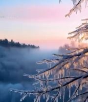  冬日雾凇树木日出景象786#竖屏 	 