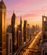  迪拜城市高楼与车流全景6777#竖屏 	 