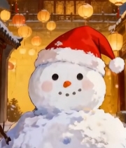  戴圣诞帽雪人于中式古建场景7883#竖屏 	 