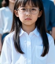  戴眼镜小女孩与身后家长5058#竖屏 	 