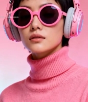  戴耳机墨镜的粉色系穿搭女孩5718#竖屏 	 