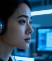  戴耳机工作的女性5000#竖屏 	 