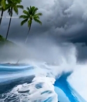  大海海浪与岸边椰子树景观4754#竖屏 	 