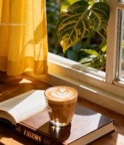  窗边书本上的拉花咖啡3167#竖屏 	 