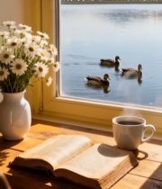  窗边看书喝咖啡赏湖景画面6621#竖屏 	 