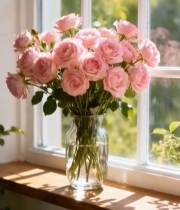  窗边花瓶中的粉色玫瑰花束5069#竖屏 	 