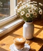  窗边木桌咖啡与雏菊画面3276#竖屏 	 