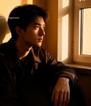  窗边男子沐浴阳光侧坐画面5086#竖屏 	 