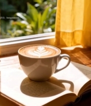  窗边木桌上咖啡与翻开的书籍1554#竖屏 	 