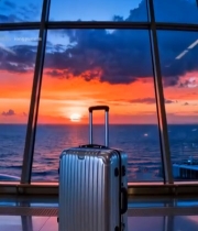  窗边行李箱与海上日落景观6713#竖屏 	 