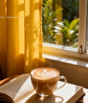  窗边书本上的咖啡杯4795#竖屏 	 