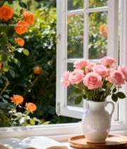  窗边花瓶鲜花与翻开的书籍4712#竖屏 	 