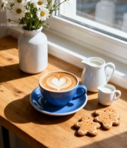  窗边木桌上的咖啡与点心6997#竖屏 	 