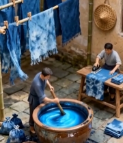  传统染布工艺人物劳作场景628#竖屏 	 