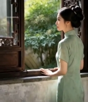  穿旗袍女子倚窗而立5274#竖屏 	 