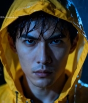  穿黄色雨衣男子雨中特写3937#竖屏 	 