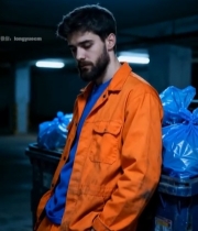  穿橙色工装男子靠在垃圾桶旁6129#竖屏 	 