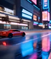  城市夜景中红色跑车行驶画面1599#竖屏 	 