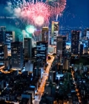  城市夜景烟花绽放全景2310#竖屏 	 