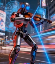  城市中机器人拉小提琴画面1158#竖屏 	 