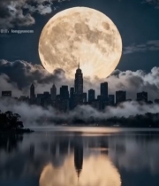  城市夜空下的超大满月景象7016#竖屏 	 