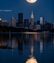  城市夜景下的满月与湖面倒影3602#竖屏 	 