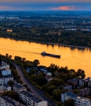  城市河畔日落航拍全景7205#竖屏 	 