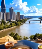  城市河畔景观与美食画面4803#竖屏 	 