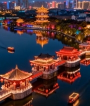  城市古风建筑夜景航拍素材1840#竖屏 	 