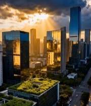  城市高楼大厦夕阳全景7761#竖屏 	 