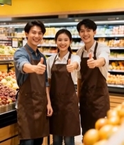  超市工作人员竖拇指合影558#竖屏 	 