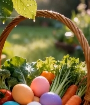  草地上装有鸡蛋蔬菜的篮子3730#竖屏 	 