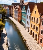  彩色建筑沿河风景1807#竖屏 	 