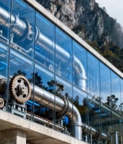  玻璃建筑内工业机械与山景7547#竖屏 	 