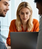  办公室三人查看笔记本电脑3073#竖屏 	 