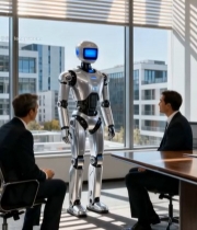  办公室内机器人与商务人士交流89#竖屏 	 